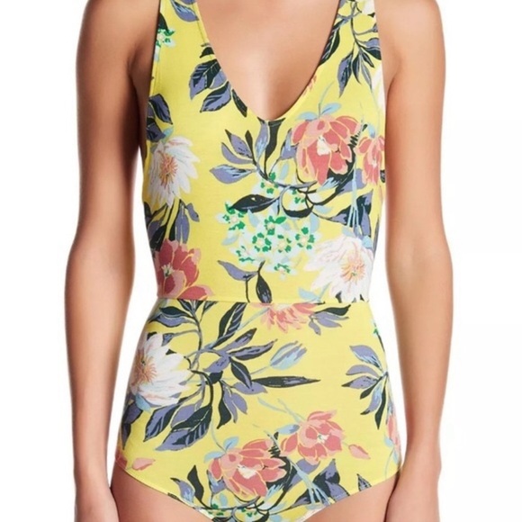 Free People Yellow Sleeveless Floral Print Bodysuit Women Small Racerback Summer - Picture 1 of 15